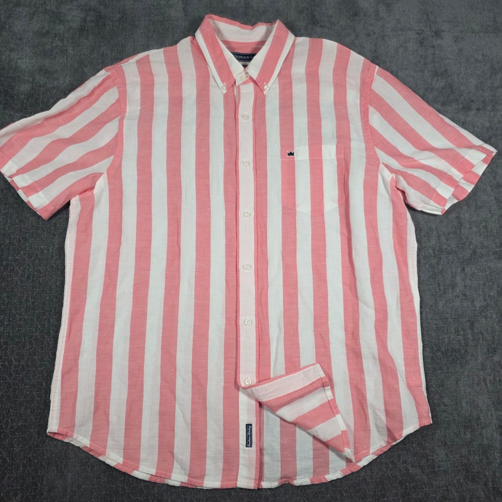 Crown & Ivy Mens Large Pink White Striped Linen Blend Short Sleeve Button Down